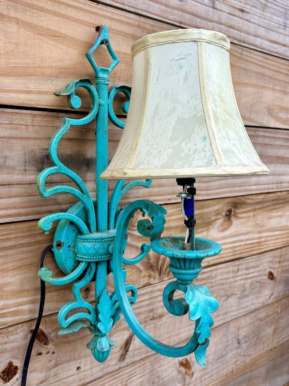 Antique Wall Sconce Custom Painted Turquoise Rewired 19 Tall Teal Blue